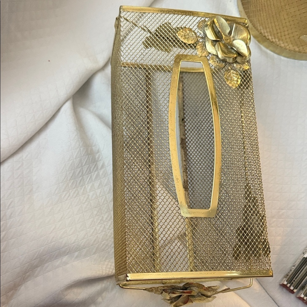 Vintage Hollywood Regency Gold Mesh Wastebasket & Tissue Box Cover Ornate Floral - Picture 2 of 15